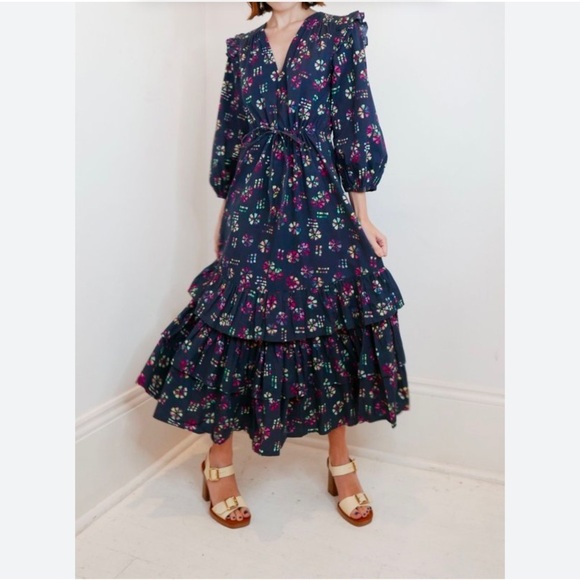 Warm Dresses & Skirts - Warm Midnight Navy Blue Tie Dye Rainbow Floral Leila Midi Ruffle Dress Size 2